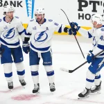 Leafs acquire star Lightning player and immediately sign him to an eight-year extension Nov 6, 2025; Las Vegas, Nevada, USA; Tampa Bay Lightning right wing Nikita Kucherov (86) celebrates with center Brayden Point (21) and defenseman Darren Raddysh (43) after scoring a goal against the Vegas Golden Knights during the third period at T-Mobile Arena. Mandatory Credit: Stephen R. Sylvanie-Imagn Images