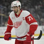 Nov 16, 2024; Los Angeles, California, USA; Detroit Red Wings center Dylan Larkin (71) gets set for a face off in the third period against the Los Angeles Kings at Crypto.com Arena.