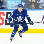 Oct 19, 2024; Toronto, Ontario, CAN; Toronto Maple Leafs left wing Matthew Knies (23) skates during the warmup before a game against the New York Rangers at Scotiabank Arena.