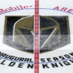 Jan 2, 2018; Las Vegas, NV, USA; General overall view of the Vegas Golden Knights logo at center ice uring an NHL Hockey game against the Nashville Predators at T-Mobile Arena.