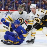 Apr 19, 2026; Buffalo, New York, USA; Boston Bruins defenseman Charlie McAvoy (73) knocks down Buffalo Sabres left wing Zach Benson (6) in front of the net as Boston Bruins goaltender Jeremy Swayman (1) watches the puck during the second period in game one of the first round of the 2026 Stanley Cup Playoffs at KeyBank Center.