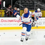 Mar 8, 2026; Las Vegas, Nevada, USA; Edmonton Oilers defenseman Darnell Nurse (25) warms up before a game against the Vegas Golden Knights at T-Mobile Arena.