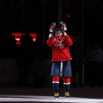 Apr 12, 2026; Washington, District of Columbia, USA; Washington Capitals left wing Alex Ovechkin (8) salutes the fans after being named number one star of the game against the Pittsburgh Penguins in the Capitals' season home finale at Capital One Arena.