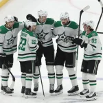 Mar 28, 2026; Pittsburgh, Pennsylvania, USA; Dallas Stars center Mavrik Bourque (22) celebrates his empty net goal with teammates against the Pittsburgh Penguins during the third period at PPG Paints Arena.