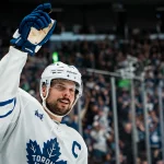 Jan 31, 2026; Vancouver, British Columbia, CAN; Toronto Maple Leafs forward Auston Matthews (34) celebrates his game winning shootout goal against the Vancouver Canucks at Rogers Arena.