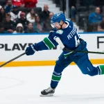 Apr 14, 2026; Vancouver, British Columbia, CAN; Vancouver Canucks forward Elias Pettersson (40) shoots against the Los Angeles Kings in the third period at Rogers Arena.