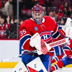 Feb 26, 2026; Montreal, Quebec, CAN; Montreal Canadiens goalie Samuel Montembeault (35) looks on during warm-up before the game against the New York Islanders at Bell Centre. Mandatory Credit: David Kirouac-Imagn Images