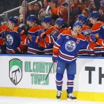 Apr 13, 2026; Edmonton, Alberta, CAN; The Edmonton Oilers celebrate a goal scored by forward Connor McDavid (97) during the second period against the Colorado Avalanche.Rogers Place.
