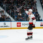 Mar 9, 2026; Vancouver, British Columbia, CAN; Ottawa Senators forward Brady Tkachuk (7) celebrates his goal against the Vancouver Canucks in the third period at Rogers Arena.