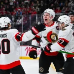Dec 2, 2025; Montreal, Quebec, CAN; Ottawa Senators left wing Brady Tkachuk (7) celebrates with his teammates his goal against the Montreal Canadiens during the third period at Bell Centre.