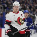 Apr 20, 2025; Toronto, Ontario, CAN; Ottawa Senators forward Brady Tkachuk (7) during a break in the action against the Toronto Maple Leafs during the second period of game one of the first round of the 2025 Stanley Cup Playoffs at Scotiabank Arena.