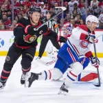 Une offre majeure de transaction a été lancé à Brady Tkachuk, mais il a dit non 17 janvier 2026; Ottawa (Ontario, Canada); Brady Tkachuk (7), ailier gauche des Sénateurs d\'Ottawa, et Mike Matheson (8), défenseur des Canadiens de Montréal, se disputent la rondelle en première période au Centre Canadian Tire.