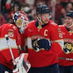 Feb 27, 2025; Sunrise, Florida, USA; Florida Panthers goaltender Sergei Bobrovsky (72) celebrates with center Aleksander Barkov (16) after the game against the Edmonton Oilers at Amerant Bank Arena.