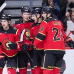 Apr 9, 2026; Ottawa, Ontario, CAN; Ottawa Senators right wing Drake Batherson (19) celebrates with defenseman Jakes Sanderson (85) and left wing Brady Tkachuk (7) and center Dylan Cozens (24) for his goal scored in the first period against the Florida Panthers at the Canadian Tire Centre.
