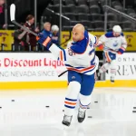 Mar 8, 2026; Las Vegas, Nevada, USA; Edmonton Oilers defenseman Darnell Nurse (25) warms up before a game against the Vegas Golden Knights at T-Mobile Arena.