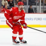 Mar 24, 2026; Detroit, Michigan, USA; Detroit Red Wings center Dylan Larkin (71) skates in the second period against the Ottawa Senators at Little Caesars Arena.