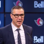 Jan 12, 2025; Ottawa, Ontario, CAN; President of Hockey Operations and General Manager Steve Staios speaks to the media pprior to match between the Dallas Stars and the Ottawa Senators at the Canadian Tire Centre.