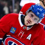 Nov 11, 2025; Montreal, Quebec, CAN; Montreal Canadiens right wing Brendan Gallagher (11) looks on against the Los Angeles Kings during the first period at Bell Centre. Mandatory Credit: David Kirouac-Imagn Images
