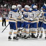 Dec 9, 2025; Edmonton, Alberta, CAN; Buffalo Sabres right wingwer Alex Tuch(89) with defenseman Rasmus Dahlin (26) center Ryan McLeod (71) and defenseman Mattias Samuelsson (23) celebrate their win on the Edmonton Oilers during the overtime period at Rogers Place. :