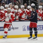 Dec 4, 2025; Columbus, Ohio, USA; Detroit Red Wings center Dylan Larkin (71) celebrates his goal against the Columbus Blue Jackets during the second period at Nationwide Arena.