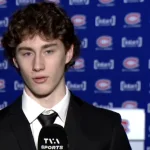 Maddox Dagenais, en entrevue dans la salle de presse du Canadien de Montréal (à TVA Sports avec Jean-Charles Lajoie).