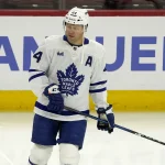 Feb 23, 2025; Chicago, Illinois, USA; Toronto Maple Leafs defenseman Morgan Rielly (44) warms up before a game against the Chicago Blackhawks at United Center.