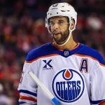 Dec 27, 2025; Calgary, Alberta, CAN; Edmonton Oilers defenseman Darnell Nurse (25) during the first period against the Calgary Flames at Scotiabank Saddledome.