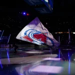 May 22, 2026; Denver, Colorado, USA; The Colorado Avalanche logo is seen on ice prior to a game against the Vegas Golden Knights in game two of the Western Conference Final of the 2026 Stanley Cup Playoffs at Ball Arena.