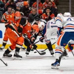 Apr 26, 2026; Anaheim, California, USA; Anaheim Ducks center Mason McTavish (23) faces off against Edmonton Oilers center Jason Dickinson (16) during the second period in game four of the first round of the 2026 Stanley Cup Playoffs at Honda Center.
