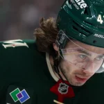 Apr 22, 2026; Saint Paul, Minnesota, USA; Minnesota Wild defenseman Quinn Hughes (43) looks on during the first period in game three of the first round of the 2026 Stanley Cup Playoffs against the Dallas Stars at Grand Casino Arena.