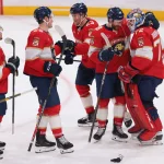 Apr 2, 2026; Sunrise, Florida, USA; Florida Panthers goaltender Sergei Bobrovsky (72) celebrates with left wing Noah Gregor (18) after the game against the Boston Bruins at Amerant Bank Arena.