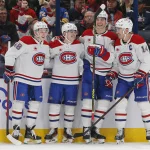 Nov 27, 2024; Columbus, Ohio, USA; Montreal Canadiens right wing Cole Caufield (13) celebrates his goal against the Columbus Blue Jackets during the second period at Nationwide Arena.