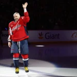 Nov 26, 2025; Washington, District of Columbia, USA; Washington Capitals left wing Alex Ovechkin waves to the crowd during a ceremony honoring his 900th NHL career goal and 1,500th game with the Capitals prior to their game against the Winnipeg Jets at Capital One Arena.