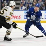 May 2, 2024; Toronto, Ontario, CAN; Toronto Maple Leafs forward Matthew Knies (23) plays the puck away from Boston Bruins defenseman Brandon Carlo (25) in the first period in game six of the first round of the 2024 Stanley Cup Playoffs at Scotiabank Arena.