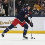 Apr 12, 2026; Columbus, Ohio, USA; Columbus Blue Jackets defenseman Zach Werenski (8) wrists a shot on goal against the Boston Bruins during the first period at Nationwide Arena.