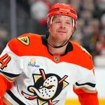 May 6, 2026; Las Vegas, Nevada, USA; Anaheim Ducks defenseman John Carlson (74) warms up before the start of game two against the Vegas Golden Knights in the second round of the 2026 Stanley Cup Playoffs at T-Mobile Arena.
