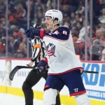 Mar 24, 2026; Philadelphia, Pennsylvania, USA; Columbus Blue Jackets defenseman Zach Werenski (8) reacts after scoring a goal against the Philadelphia Flyers in the second period at Xfinity Mobile Arena.