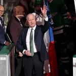 Feb 4, 2026; Dallas, Texas, USA; Dallas Stars general manager Jim Nill is celebrate as the Stars honor their 2026 Winter Olympics hockey players before the game against the St. Louis Blues at the American Airlines Center