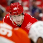 Mar 28, 2026; Detroit, Michigan, USA; Detroit Red Wings right wing Patrick Kane (88) gets set during a face off in the second period against the Philadelphia Flyers at Little Caesars Arena.