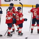 Apr 2, 2026; Sunrise, Florida, USA; Florida Panthers goaltender Sergei Bobrovsky (72) celebrates with defenseman Donovan Sebrango (6) after the game against the Boston Bruins at Amerant Bank Arena.