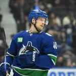 Feb 25, 2026; Vancouver, British Columbia, CAN; Vancouver Canucks center Elias Pettersson (40) awaits the start of play during the third period against the Winnipeg Jets at Rogers Arena.