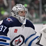 exas, USA; Winnipeg Jets goaltender Connor Hellebuyck (37) in action during the game between the Dallas Stars and the Winnipeg Jets in game three of the second round of the 2025 Stanley Cup Playoffs at American Airlines Center.