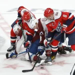 Mar 22, 2026; Washington, District of Columbia, USA; Washington Capitals left wing Alex Ovechkin (8) and Capitals right wing Anthony Beauvillier (72) battle for the puck with Colorado Avalanche center Parker Kelly (17) and Avalanche center Jack Drury (18) during the third period at Capital One Arena.