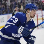 May 5, 2025; Toronto, Ontario, CAN; Toronto Maple Leafs forward Matthew Knies (23) reacts after his goal against Florida Panthers goaltender Sergei Bobrovsky (72) during the third period of game one of the second round of the 2025 Stanley Cup Playoffs at Scotiabank Arena.