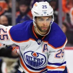 Feb 9, 2023; Philadelphia, Pennsylvania, USA; Edmonton Oilers defenseman Darnell Nurse (25) against the Philadelphia Flyers at Wells Fargo Center.