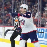 Mar 24, 2026; Philadelphia, Pennsylvania, USA; Columbus Blue Jackets defenseman Zach Werenski (8) reacts after scoring a goal against the Philadelphia Flyers in the second period at Xfinity Mobile Arena.