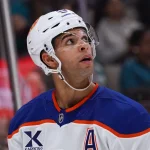 Apr 8, 2026; San Jose, California, USA; Edmonton Oilers defenseman Darnell Nurse (25) looks up at the scoreboard during a break in the action against the San Jose Sharks during the second period at SAP Center at San Jose.