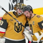 Jan 10, 2026; Las Vegas, Nevada, USA; Vegas Golden Knights right wing Mark Stone (61) congratulates Vegas Golden Knights goaltender Akira Schmid (40) after the Golden Knights defeated the St. Louis Blues 4-2 at T-Mobile Arena.
