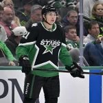 Mar 12, 2026; Dallas, Texas, USA; Dallas Stars left wing Jason Robertson (21) skates against the Edmonton Oilers during the game between the Stars and the Oilers at the American Airlines Center.