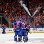 May 27, 2025; Edmonton, Alberta, CAN; Edmonton Oilers right wing Kasperi Kapanen (42) and the Oilers celebrate an empty net goal by Kapanen to seal the Oilers victory over the Dallas Stars during the third period in game four of the Western Conference Final of the 2025 Stanley Cup Playoffs at Rogers Place.:
